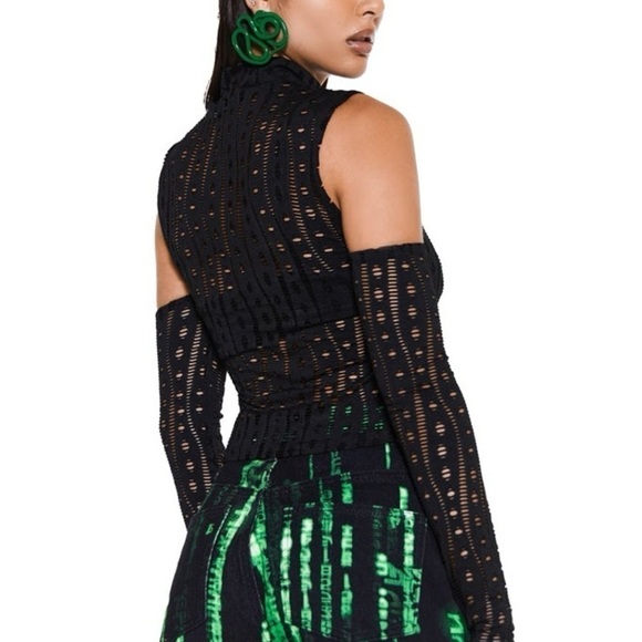 2-Piece Co-Ed Outfit, Red Plaid Skirt + Black Cut Out High Neck Top and Sleeves - Picture 3 of 5